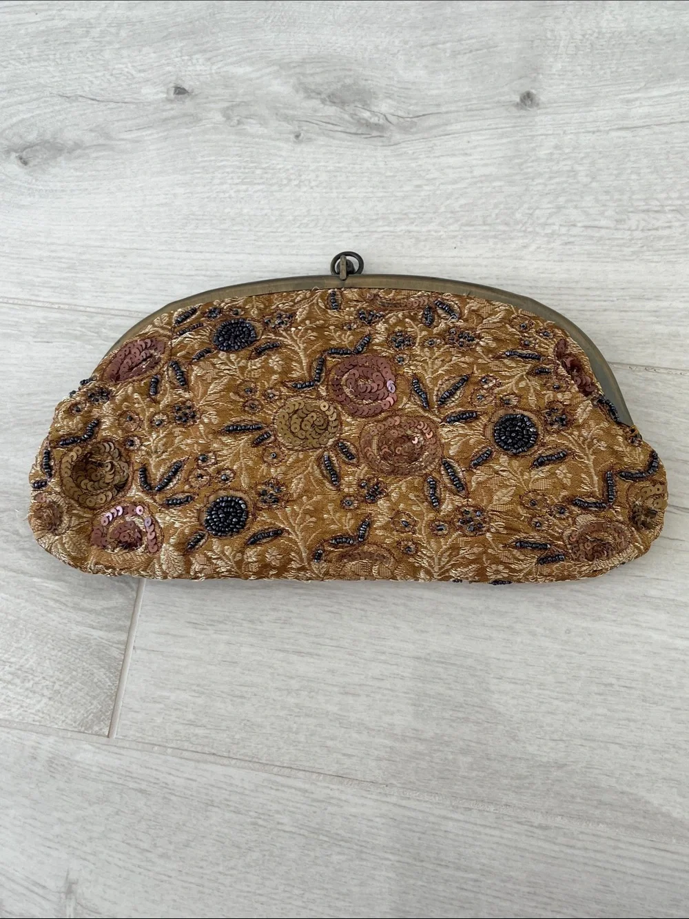 Embroidered Floral Beaded andSequin Evening Clutch / Shoulder Bag - Antique Gold
